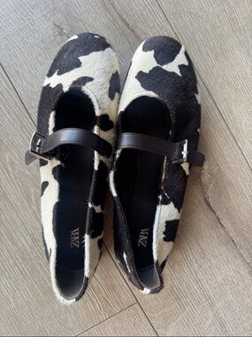 ZARA Black & White Cow Print Mary Jane Flats